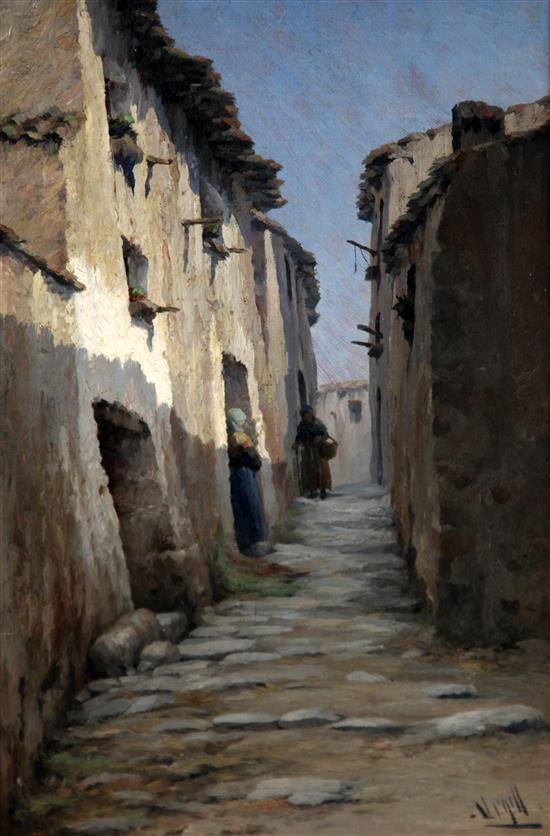 Continental School Italian village street scene, 16 x 11in.